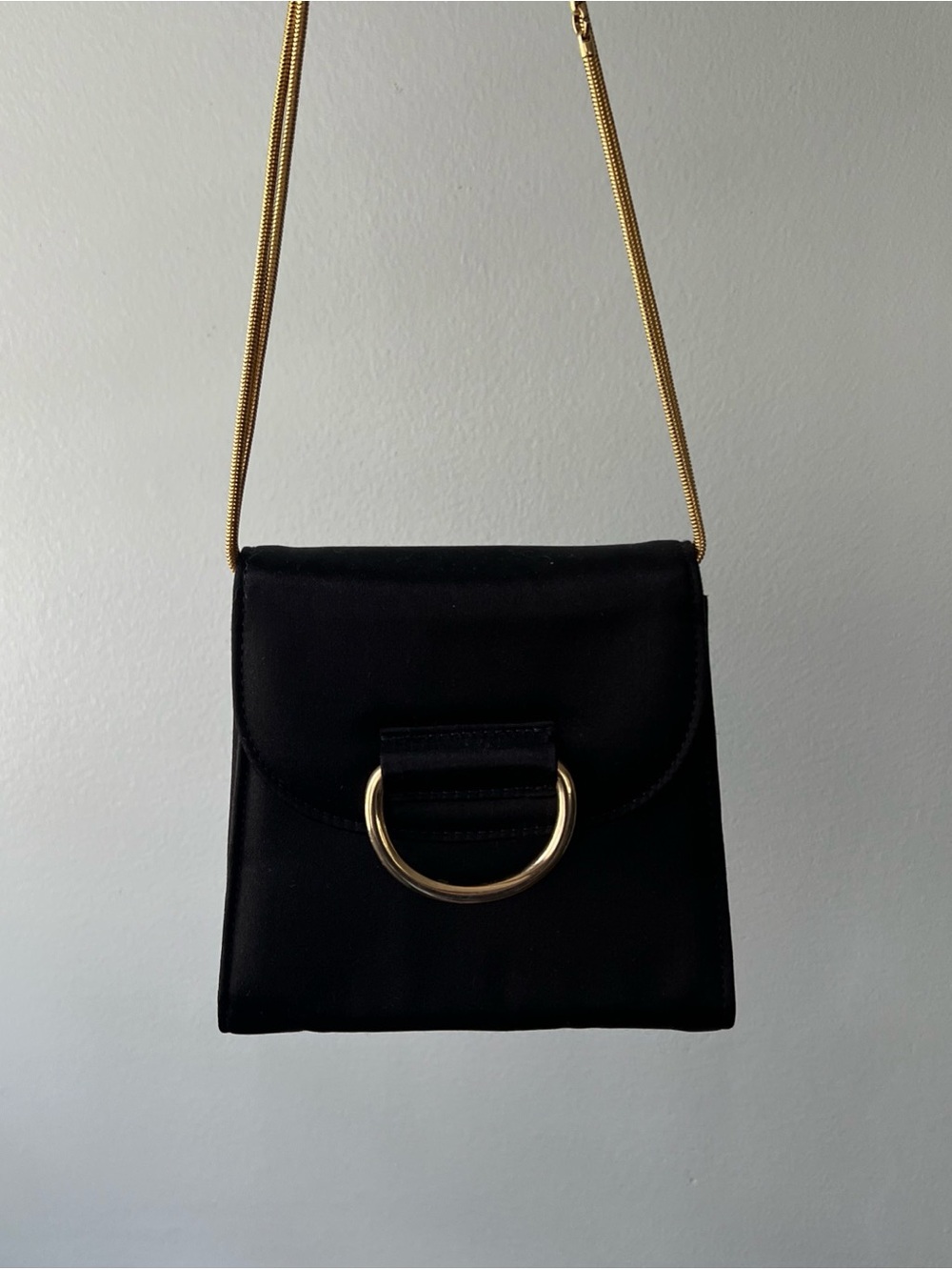 LITTLE LIFFNER Tiny Box Gold Chain Shoulder Crossbody Bag Purse Satin in Black